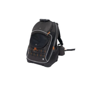 Musta-oranssi koiran kantoreppu, jossa on hengittävä verkko-osa ja tukevat hihnat