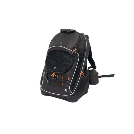 Musta-oranssi koiran kantoreppu, jossa on hengittävä verkko-osa ja tukevat hihnat