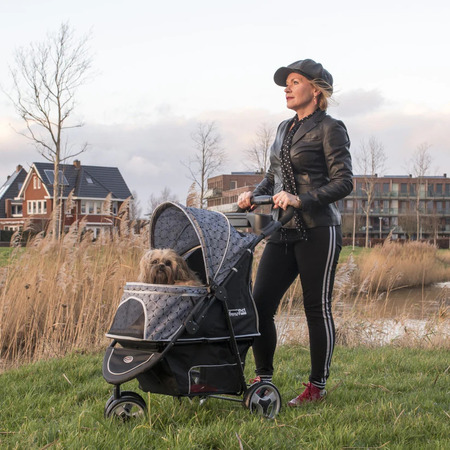 Nainen ulkoilee koiran kanssa harmaissa koiranrattaissa, taustalla taloja ja luontoa.