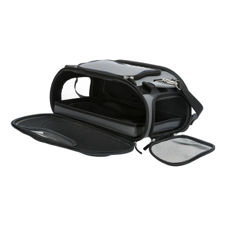 Musta koiran kantolaukku, jossa avattavat verkkoluukut ja olkahihna