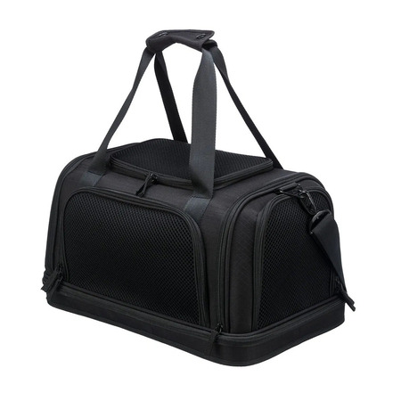 Musta koiran kantolaukku, jossa on hengittävät verkkoaukot ja olkahihna