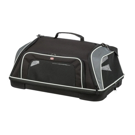 Musta koiran kuljetuslaukku, jossa verkkoseinät ja vahvat vetoketjut