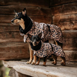 Kaksi koiraa leopardikuvioisissa sadetakeissa seisoo puumökin terassilla.