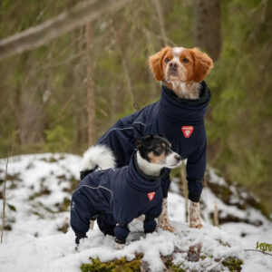 Kuvassa kaksi koiraa pukeutuneina tummansinisiin lämpöhaalareihin seisoo lumisessa metsässä.