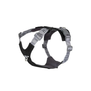 Harmaat koiranvaljaat, joissa on pehmustetut hihnat ja säädettävä istuvuus.