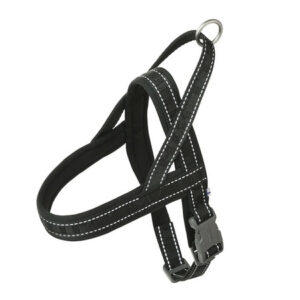 Musta koiranvaljas, jossa heijastavat tikkaukset ja pehmustettu rakenne.