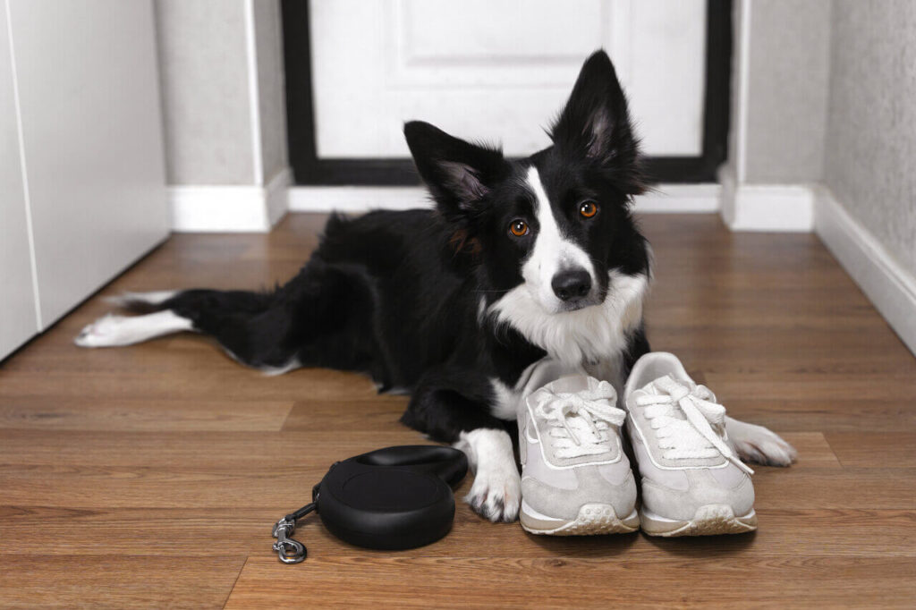 Bordercollie makaa eteisessä taluttimen ja lenkkareiden vieressä odottamassa ulkoilua